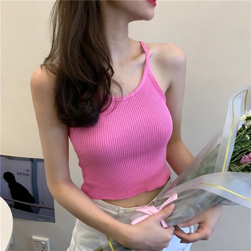 韩国风ins骚粉色玫粉色蜜桃粉性感显瘦显白修身针织小吊带背心女