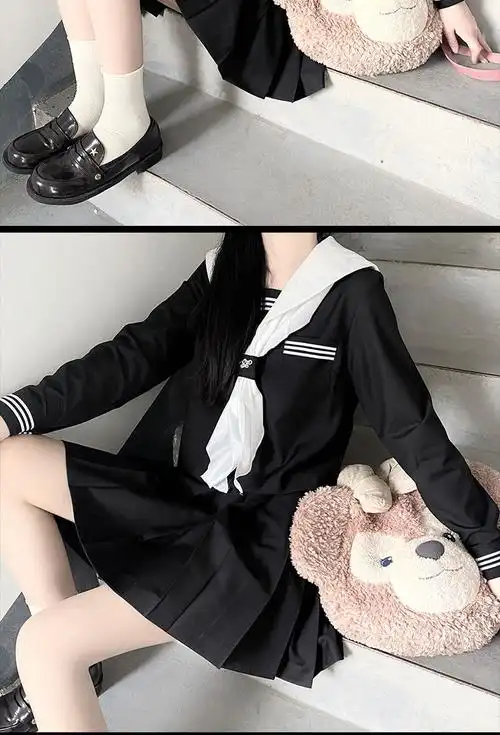 【神北jk】jk制服裙正版黑三本水手服长短袖学院风校供中间服套装