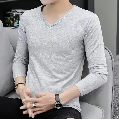 男士秋衣上衣薄款可外穿纯棉休闲v领长袖秋季保暖内衣男单件上身