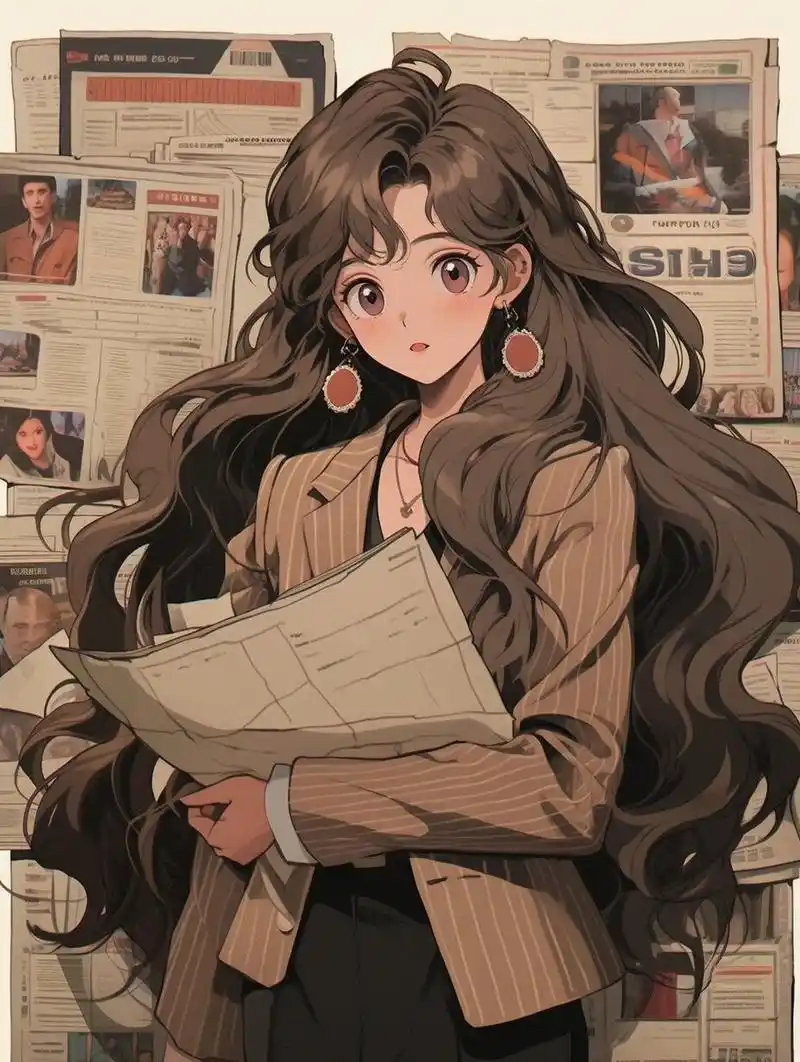 在这幅插画中,一位棕发女孩身着复古时尚西装外套,卷发飘飘,背景则是