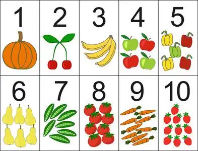 大写数字一到十一到十,位于下一步的分数所需的数量的水果或蔬菜照片
