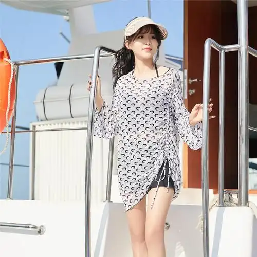 新款泳衣女夏分体网纱长袖保守显瘦遮肚钢托收胸温泉三件套泳装