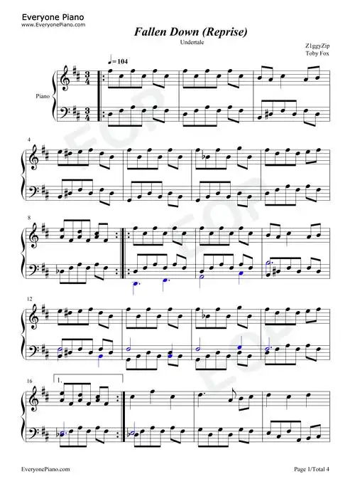 fallen down reprise-坠落重奏版-undertale-传说之下bgm五线谱预览1