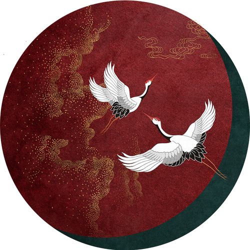 圆形地毯中国风客厅卧室圆毯红色仙鹤时尚国风茶几垫床边毯新中式
