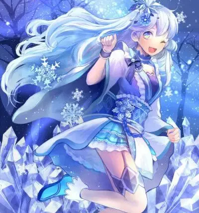 二次元 少女 蓝色长卷发 蓝瞳 蓝色系 雪花
