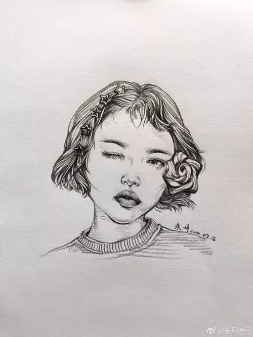 【线描画肖像】戴星星发夹的女生_福州新翁子美术培训中心_零二七艺考