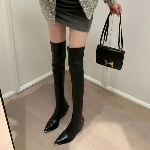 性感金属尖头高跟过膝靴2023新款秋冬弹力瘦瘦靴女粗跟漆皮长靴