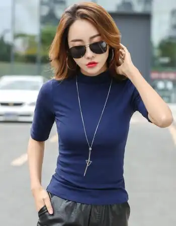 衫春夏装半袖上衣衣服半高领白体恤衫棉显瘦内搭228深蓝色xl115125斤