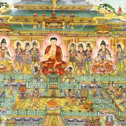 西方极乐世界西方净土全景三圣丝绸佛教横幅供奉挂画国画