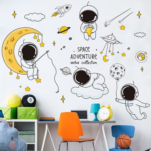卡通太空宇航员儿童房背景墙贴纸幼儿园墙面装饰布置科技自粘贴画