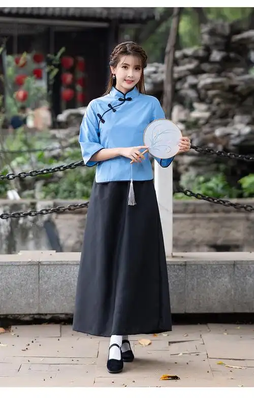 青年装民国风女装中山装男班服舞台表演合唱服装全棉蓝上衣中裙子m