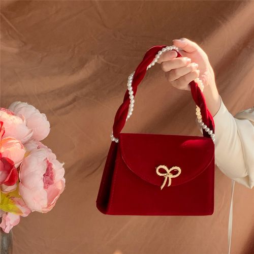 酒红色丝绒复古女包珍珠手提爱心包新娘礼服包结婚订婚包仙女包包