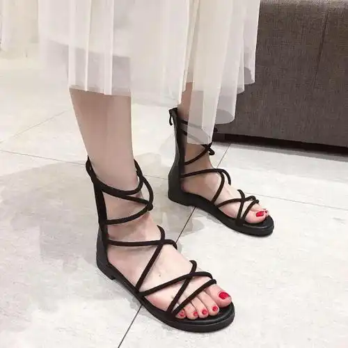 交叉绑带凉鞋女2019新款夏季平底仙女风ins潮百搭网红系带罗马鞋