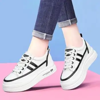 牛皮小白鞋女2022秋季新款女鞋子单鞋厚底增高运动鞋女士休闲鞋松白