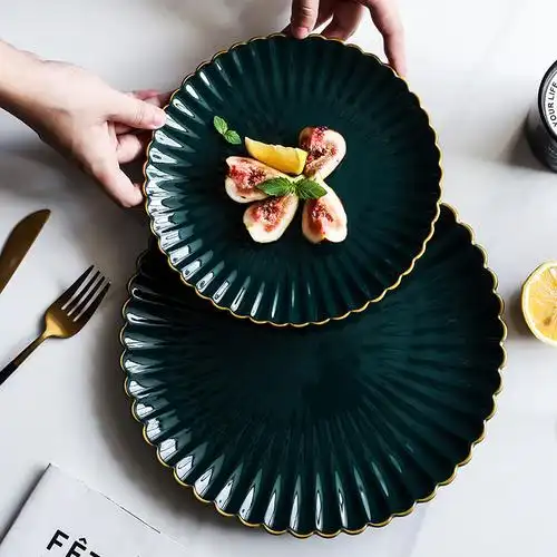 欧式小奢华金边西餐盘陶瓷墨绿菊花盘子摆盘点心水果盘家用蛋糕盘