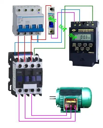 怎样用交流接触器和电脑时控开关控制多盏电压为380v照明灯具求接线图