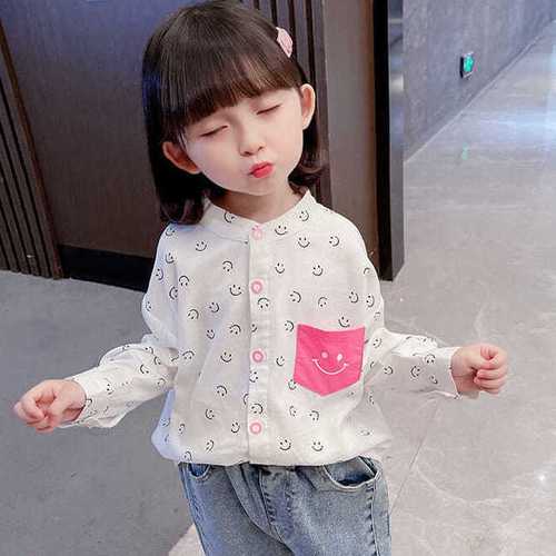中小女童长袖衬衫秋装宝宝衬衣秋款小童立领上衣小女孩笑脸娃娃衫