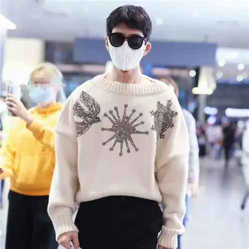 原版女心理师井柏然同款贴钻纯色长袖毛衣韩版圆领宽松针织上衣男