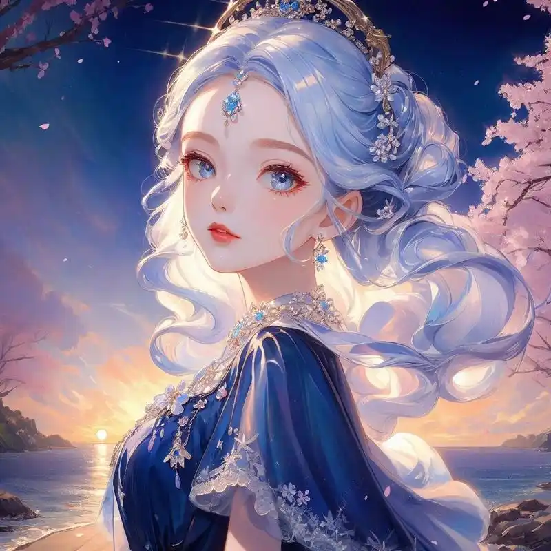 动漫头像|美少女公主樱花 白发蓝色系仙女