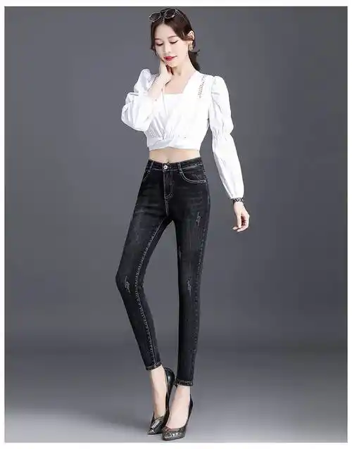 冬季女款修身牛仔裤2021高腰牛仔裤女秋冬季修身显瘦弹力学生铅笔裤