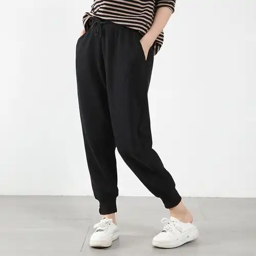 2020新款休闲裤女秋季新款高腰显瘦宽松垂坠感加绒哈伦运动长裤女-mc