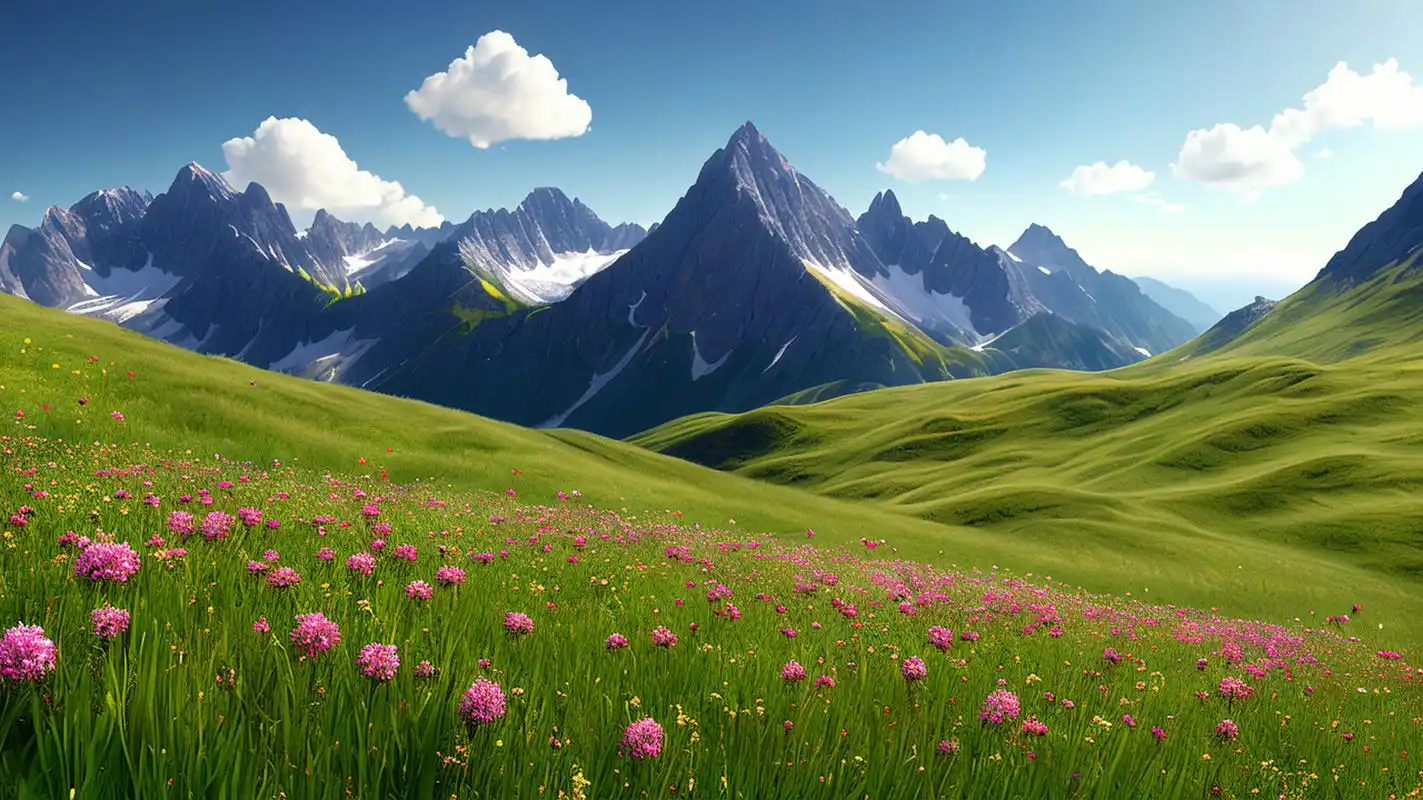 文心一格#  高山草甸:位于高山上的翠绿草甸,花朵绽放在草地间,热人