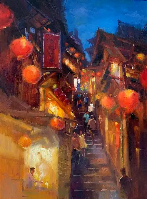 夏宇航纸板油画《古镇夜色》