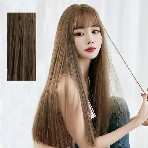 假发女长发长直发圆脸网红自然气质斜刘海修脸锁骨中长发型假头套