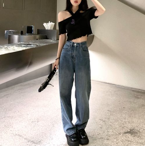 viiwen 时髦复古蓝很好看 水洗慵懒直筒显瘦阔腿拖地牛仔裤薄款女