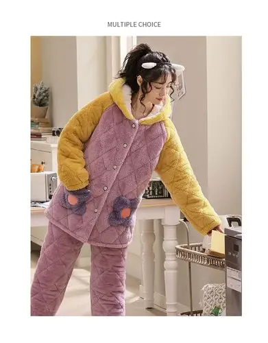 睡衣女士冬季三层加厚睡衣套装秋天保暖珊瑚绒夹棉袄家居服 20888 175