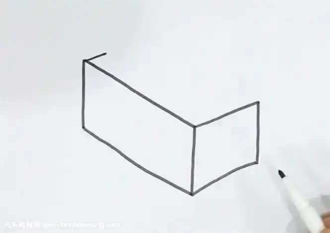 1,首先在画出一个长方体,但是上表面相交于右上角的一条宽与一条长先