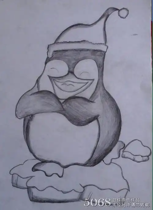 幸福的小企鹅南极动物铅笔画作品欣赏