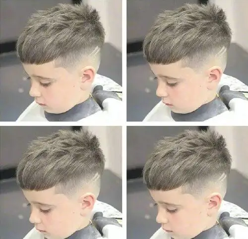 侧边有刮痕的齐刘海短发发型,给头旋位置的头发梳的短短的,前边的刘海