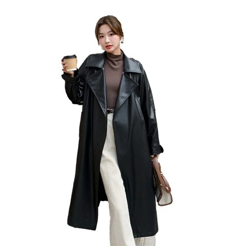 加绒皮风衣中长款过膝皮衣外套港风复古女装秋季高级感气质大衣