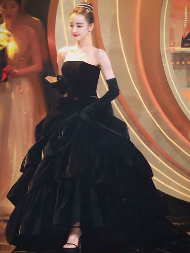 迪丽热巴同款明星礼服赫本风黑色晚礼服高端丝绒显瘦性感气质宴会