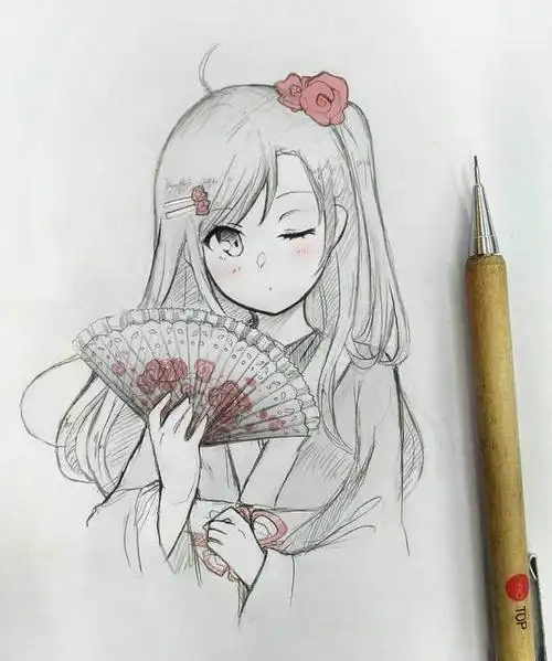 飞乐鸟分享# 自动铅笔手绘动漫少女,加一点马克笔上色点缀画面就不会