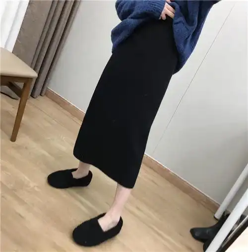 半身裙女高腰针织春秋季中长款开叉包臀一步裙黑色s85100斤