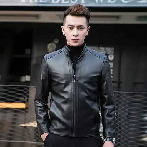 轻奢真皮皮衣男秋季新款羊皮黑色立领棒球光皮单拉链休闲男装皮夹克