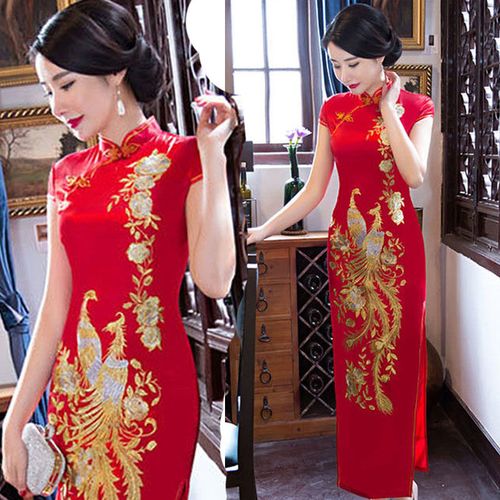 旗袍长款红色敬酒服中国风凤凰刺绣花大红色新娘结婚中式大码凤凰