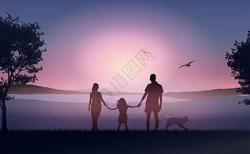 夕阳下的一家三口图片素材