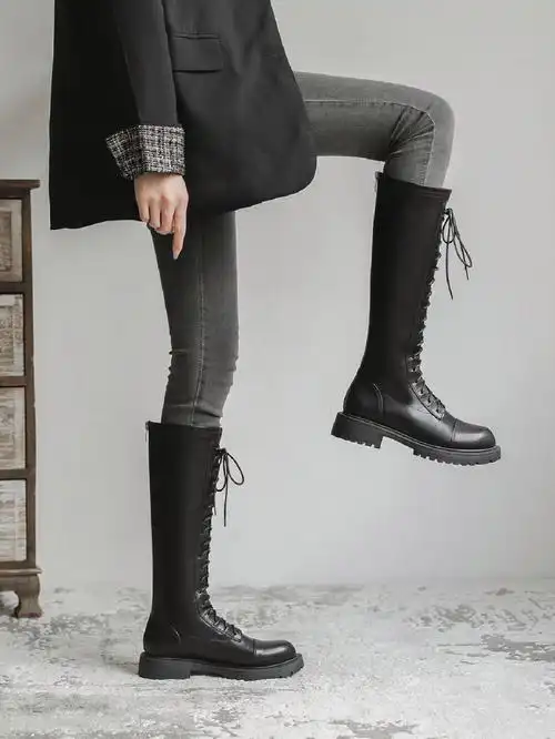 英伦风炸街百搭小众厚底系带长筒靴