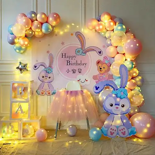 100天纪念日布置粉兔主题气球生日装饰场景周岁百天海报定制儿童