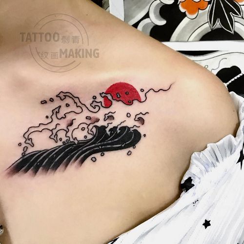 【一份两张】纹身贴纸日式海浪日出防水持久女男锁骨胸前网红图案