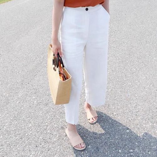 淘菲象商场品牌撤柜女装尾货白色棉麻阔腿裤女简约九分亚麻直筒裤子潮