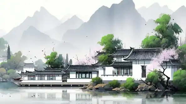 水彩手绘唯美山水水墨画徽式建筑插画