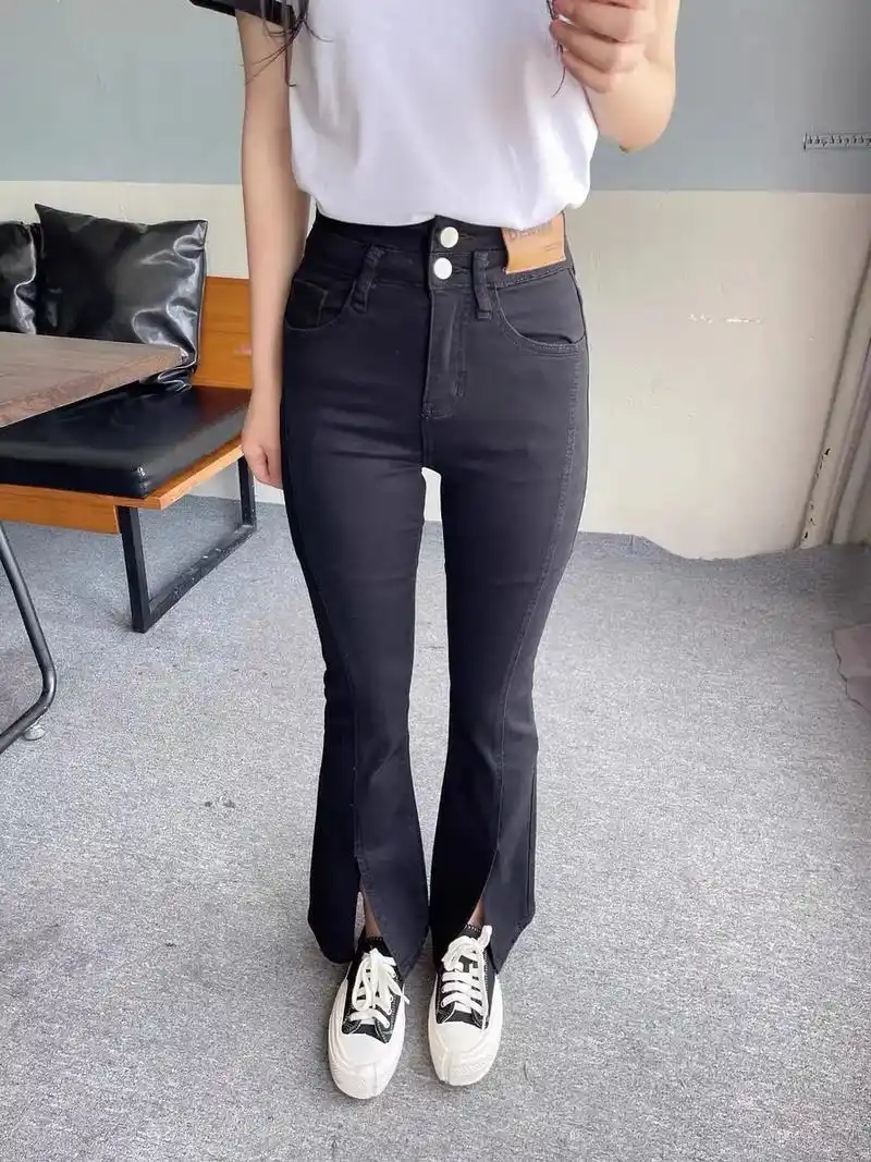 夏季薄款九分裤拖地裤微喇叭开叉裤子女款