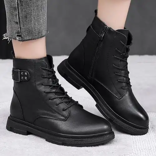 冬季新款时尚马丁鞋女头层牛皮加厚羊毛女靴潮流厚底靴子批发