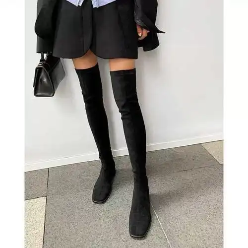 长靴女过膝黑色粗粗腿长筒力靴方头跟中跟弹瘦腿14243大码4高筒