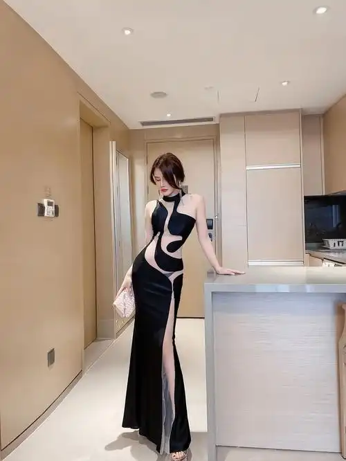 气质名媛夜店连衣裙性感网纱拼接鱼尾镂空长款晚礼服佳丽工装裙