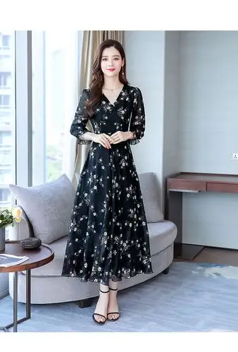 实拍2273#雪纺连衣裙女夏2019新款碎花长裙中长款气质长袖裙子秋